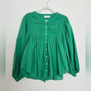 by together Green Button-Up Peasent Blouse woth puffy sleeves | small